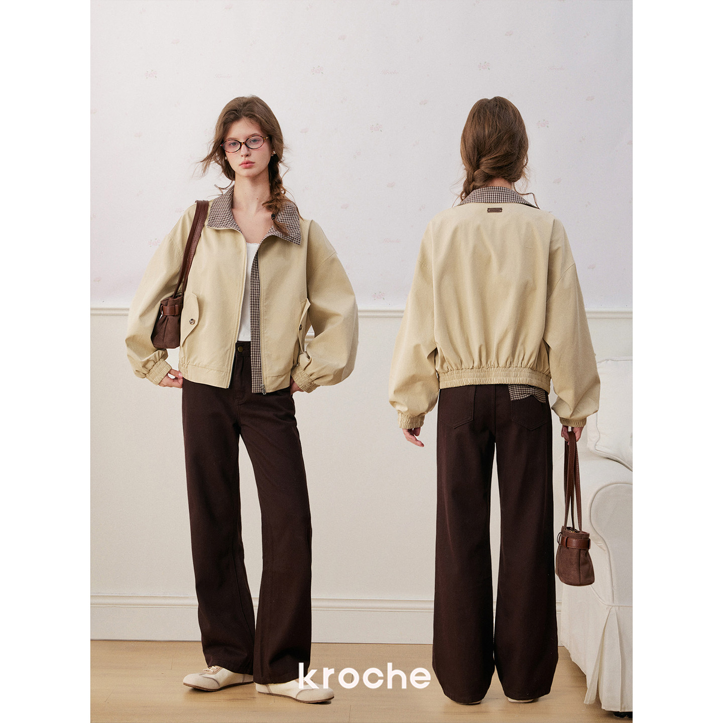 KROCHE リボン チェック 配色 デニム デニムパンツ KN3047
