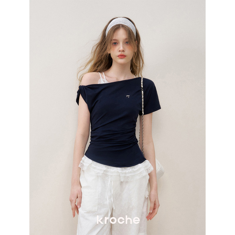KROCHE レース アシンメトリー 半袖 Tシャツ KEC8005