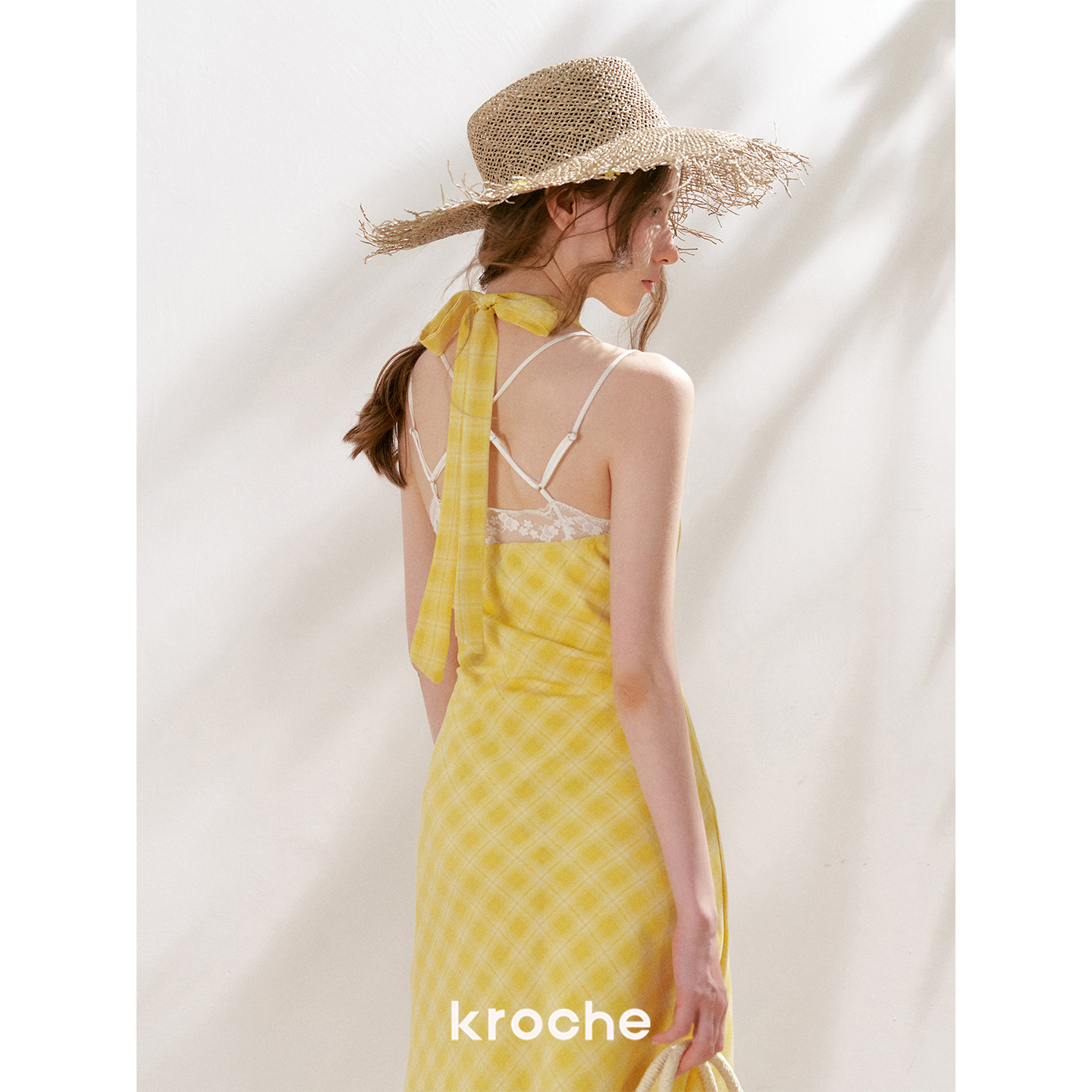 KROCHE リボン Vネック ホルターネック チェック ワンピース KR1091
