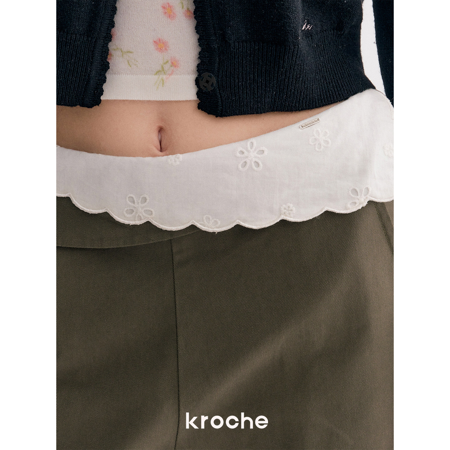 KROCHE レース 配色 ハイウエスト ワイド パンツ KL9005