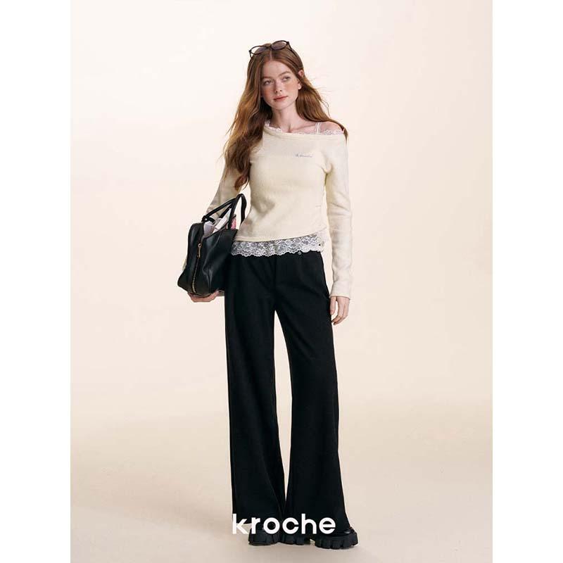 KROCHE レース 配色 ハイウエスト ストレート パンツ KB4543