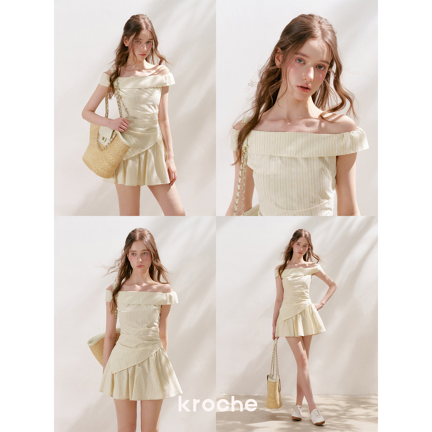 KROCHE オフショルダー ストライプ アシンメトリー セットアップ