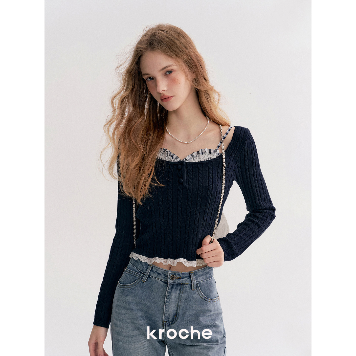 KROCHE チェック ケーブル編み 重ね着風 ニット KP8015