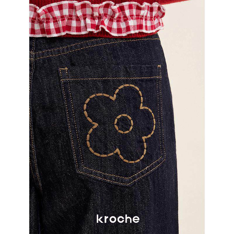 KROCHE 刺繍 デニム ハイウエスト ワイド デニムパンツ KB4650