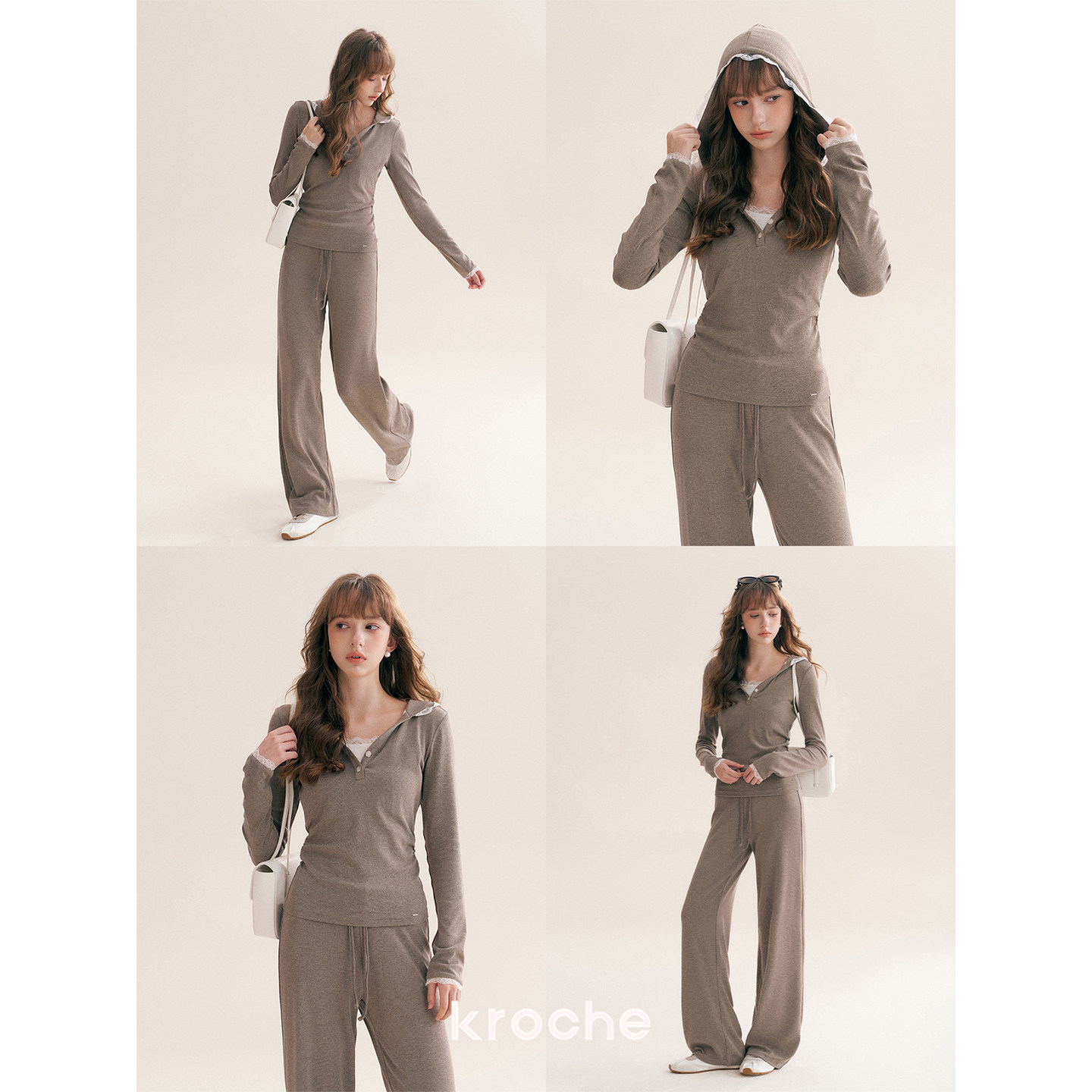 KROCHE レース フード付き ストレート 重ね着風 セットアップ