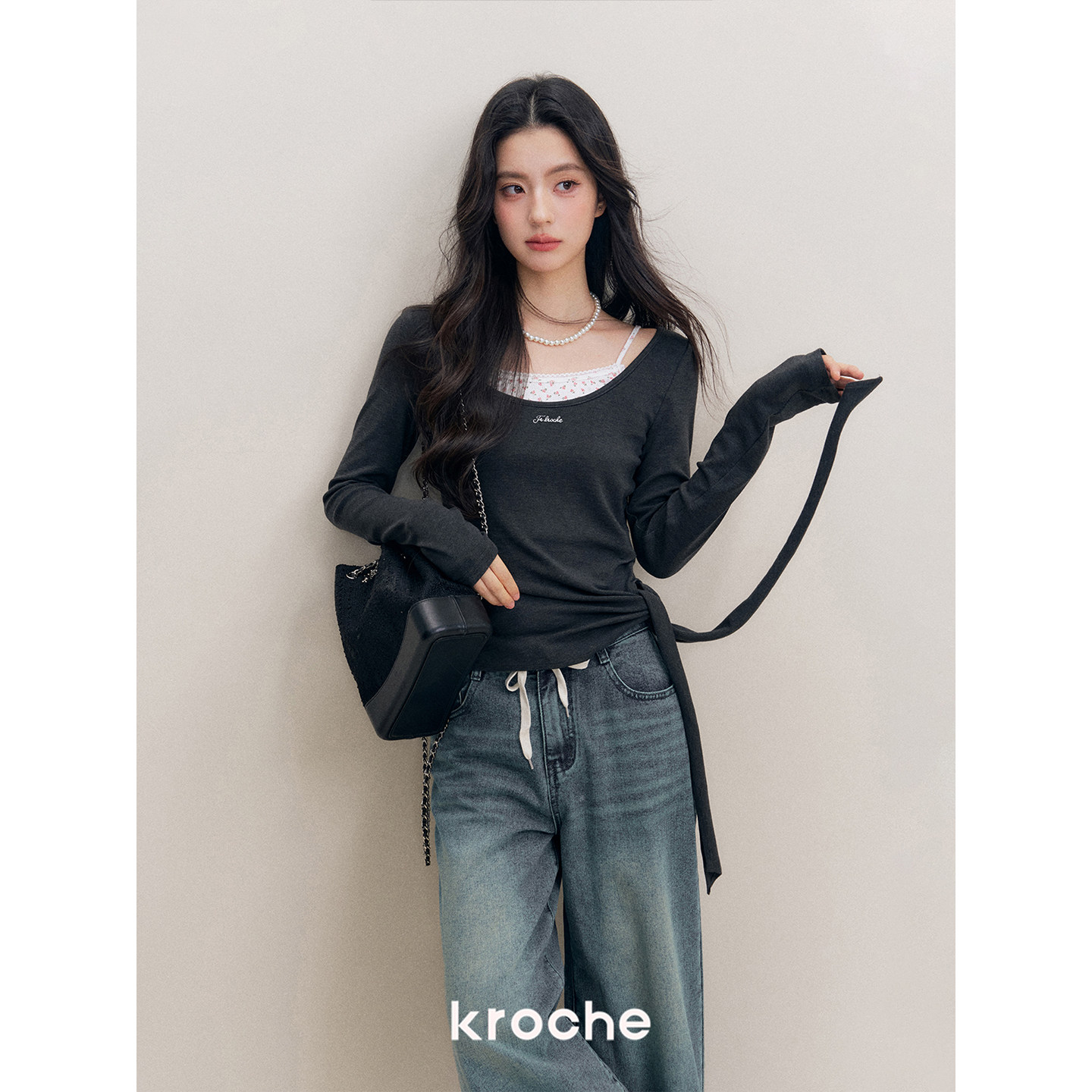 KROCHE 配色 デニム ワイド デニムパンツ KN2017