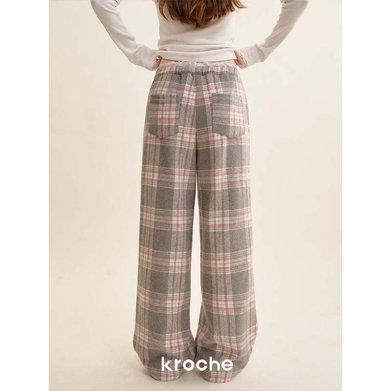 KROCHE レース チェック ストレート パンツ KB4649