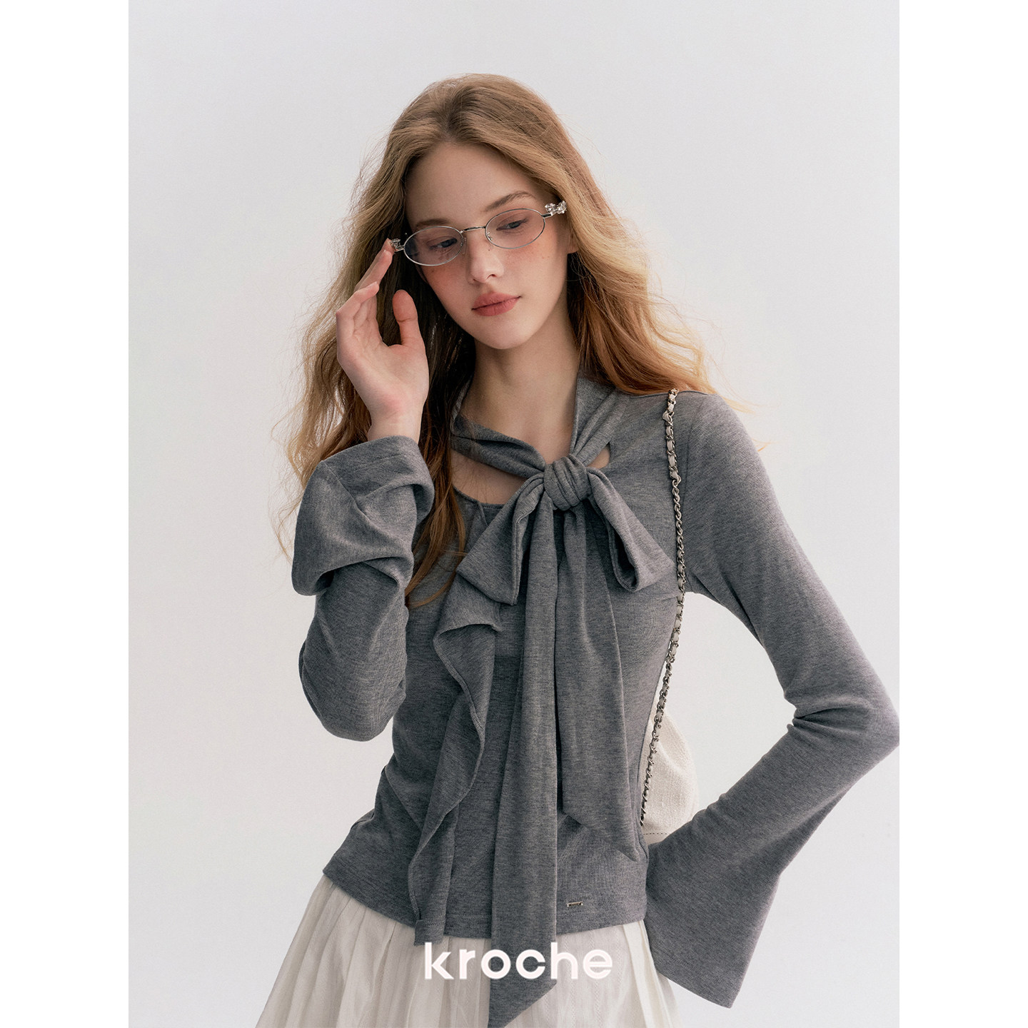 KROCHE リボン フリル Vネック 長袖 Tシャツ KE8032