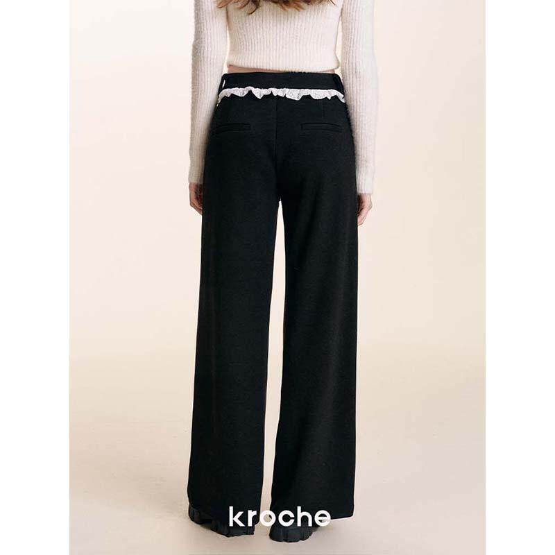 KROCHE レース 配色 ハイウエスト ストレート パンツ KB4543