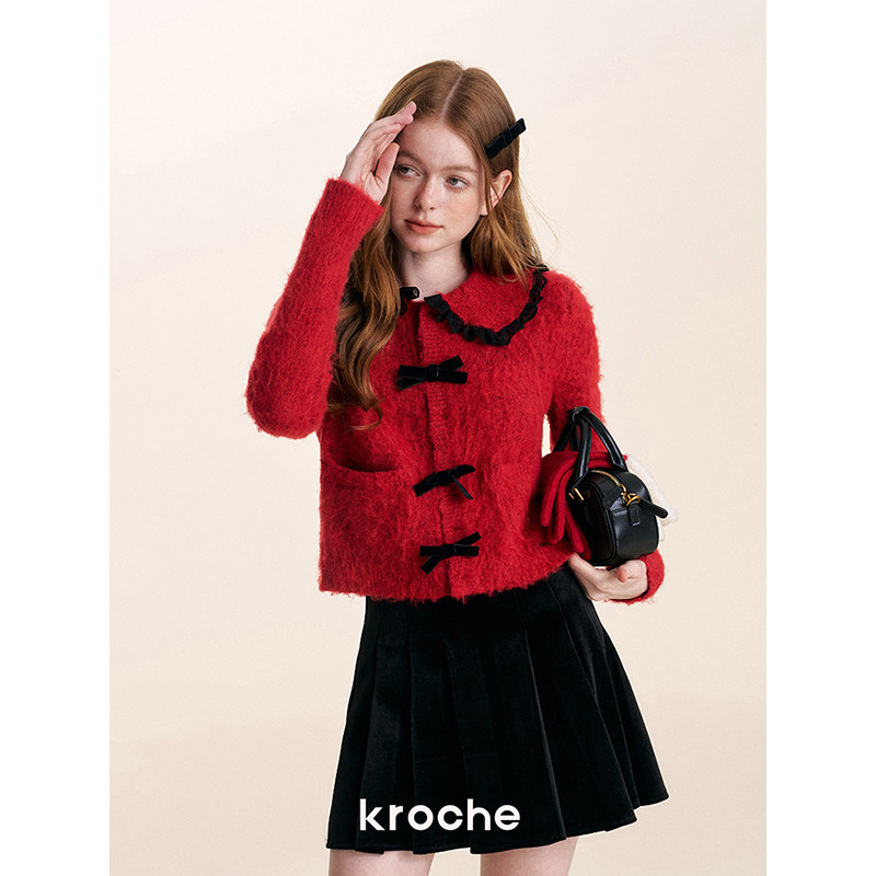 KROCHE リボン 丸襟 配色 ニット KB4593