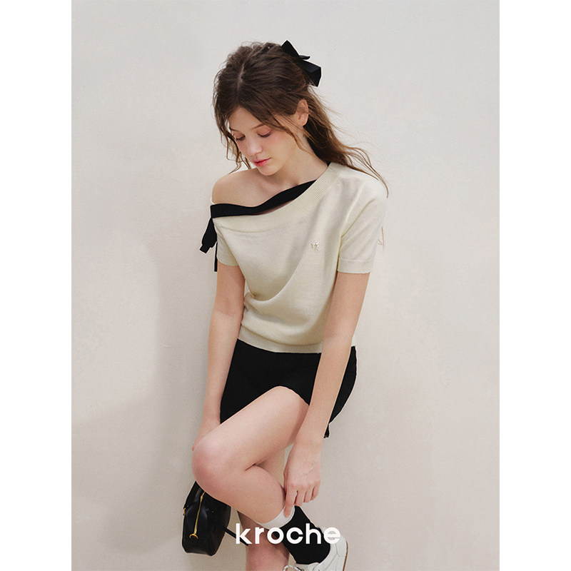 KROCHE リボン アシンメトリー 配色 半袖 ニット KB5154