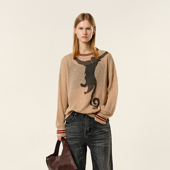 Atry cat hollow round neck loose shoulder blouse