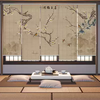 Linen curtain roll-up homestay tea room office commercial space balcony sunshade hand lift roller blind