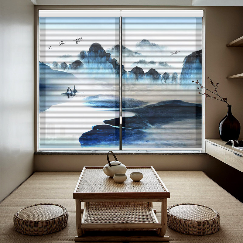 Misty time Shangri-La curtain soft yarn landscape Louver electric curtain living room bedroom study roller blind hole-free