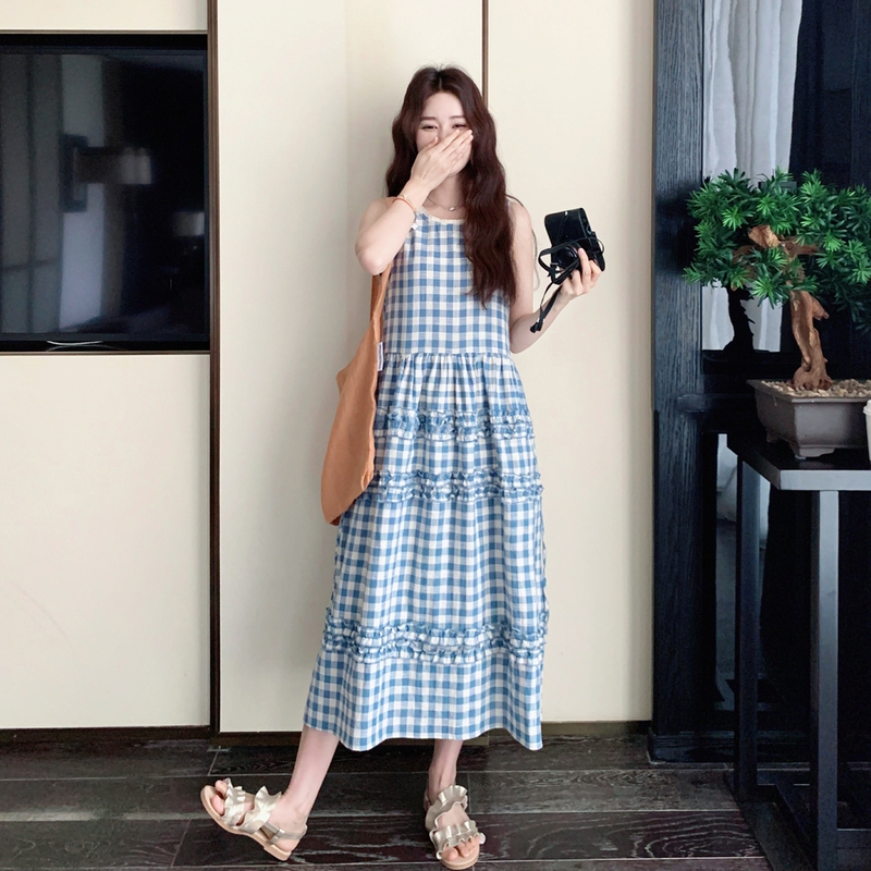 Blue Plaid Sleeveless Dress for Women, Summer Fresh Holiday Style, Fashionable Age-Reducing Tank Dress, Mid-Length Long Dress