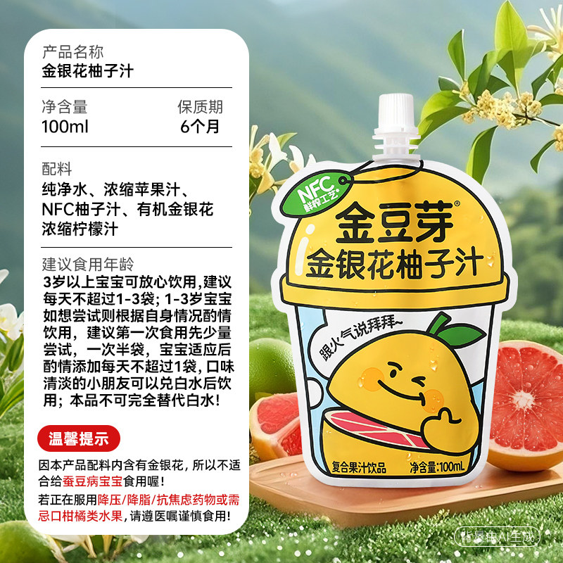 Nfc Honeysuckle Grapefruit Juice Tea, Portable Ready-To-Drink Beverage for Children, Ready-To-Drink Shareable Golden Bean Sprout Drink