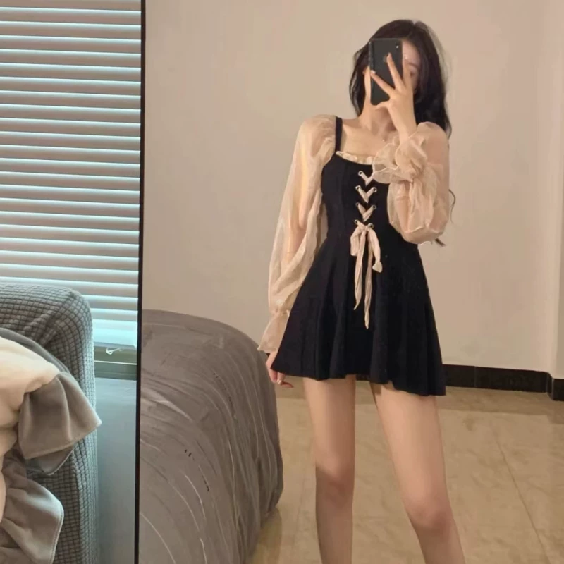[夏蒙蒙 温泉泳衣女裙式连体保守黑色遮肚显瘦绑带虞美人ins小红书]