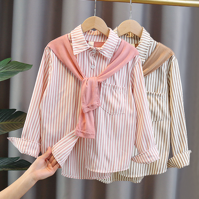 Girls' Spring and Autumn Long-Sleeved Striped Shirt 2026 New Style Big Children's Thin Shirt Fake Two-Piece Shawl Spring Top