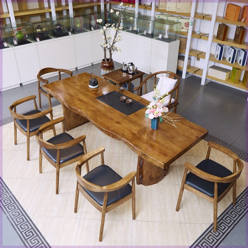 Solid wood tea table tea table and chairs Combined modern simple tea table tea table Set of tea table Set of whole board log office big plate table