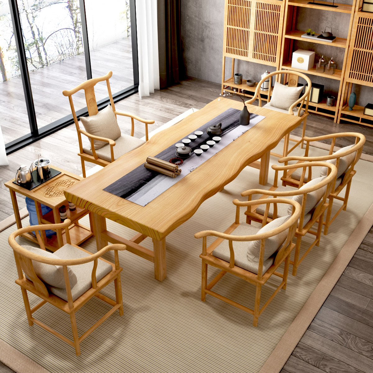 New Chinese-style log slab tea table home solid wood tea table office drinking tea Zen tea table and chair combination