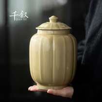 Grass Wood Grey Melon Edge Tea Leaf Jar Ceramic Storage Tank Large Capacity Pu-erh Tea Containing Box High End Sealed Jar Deposit Tea Jar