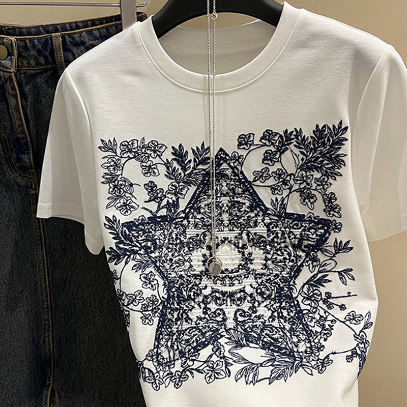 Trendy European-Style High-End Nanyou Brand Star Compass Heavy Embroidery Hollow-Out Pure Cotton T-Shirt Versatile Short-Sleeve Top for Women Trendy European-Style High-End Nanyou Brand Star Compass Heavy Embroidery Hollow-Out Pure Cotton T-Shirt Versatile Short-Sleeve Top for Women