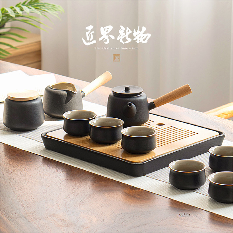 Ceramic kung fu tea set set home living room office meeting guest light luxury tea tray small set Japanese simple gift box