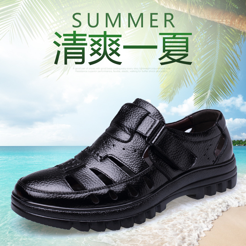 High-end quality male sandals leather middle and elderly male breathable beach shoes male hollow bag leather shoes