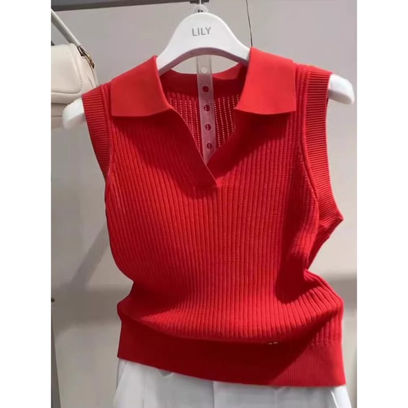 Red Polo Collar Sleeveless Knitted Vest for Women 2025 New Summer Trendy Beautiful Design Top Red Polo Collar Sleeveless Knitted Vest for Women 2025 New Summer Trendy Beautiful Design Top