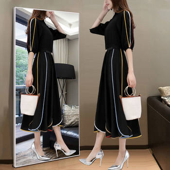 2022 summer Korean version fat mm slimming black chiffon age-reducing plus size women's mid-length dress for fat sister