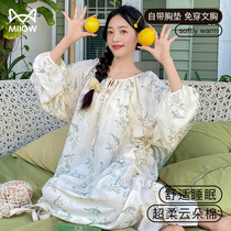 Catman Cloud Cotton Nightgown Womens Long Sleeve Spring and Autumn Style Princess Style Loose Can Be Weared Casual Pajamas with Integrated Breast Pad