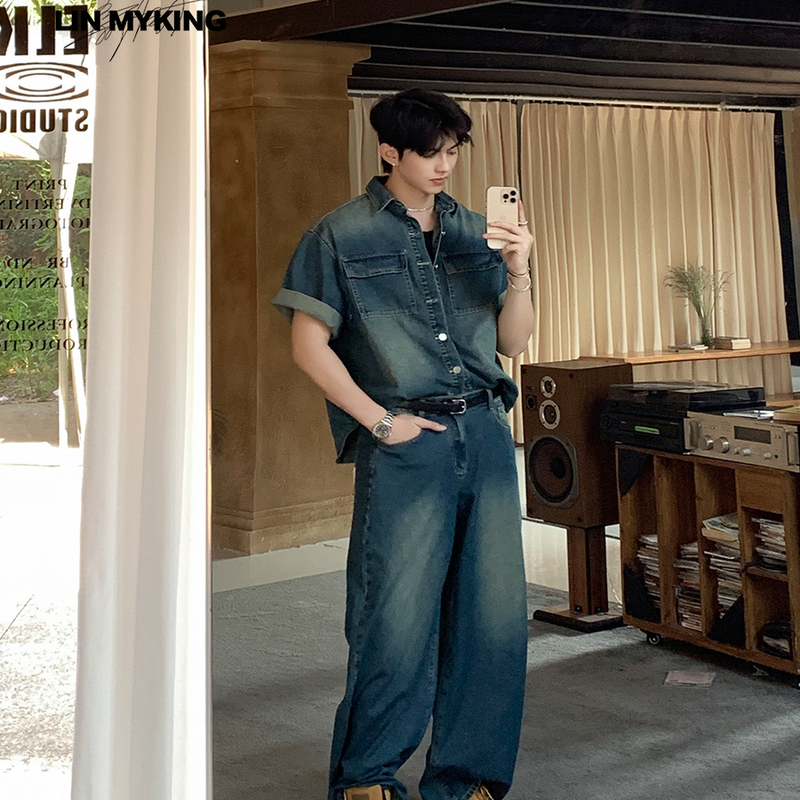 Lin Mykin American Retro Washed Distressed Denim Short-Sleeved Jacket Straight-Leg Wide-Leg Loose Pants Suit Lin Mykin American Retro Washed Distressed Denim Short-Sleeved Jacket Straight-Leg Wide-Leg Loose Pants Suit