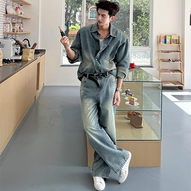 [Same Style as Stone] Lin Mykin Casual Style Distressed Men's Wide-Leg Pants Denim Suit Washed Vintage Loose Fit