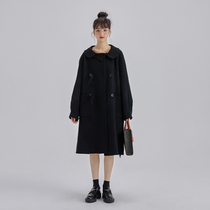 The small deers puff mustard girl black doll collar lacing retro art double face full wool coat