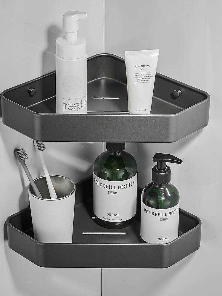 Gun Grey Perforated Bathroom Shelve Shower Room With Shower Room Make-up Room Bathroom Triangle Basket Corner Toilet Grey Containing shelf