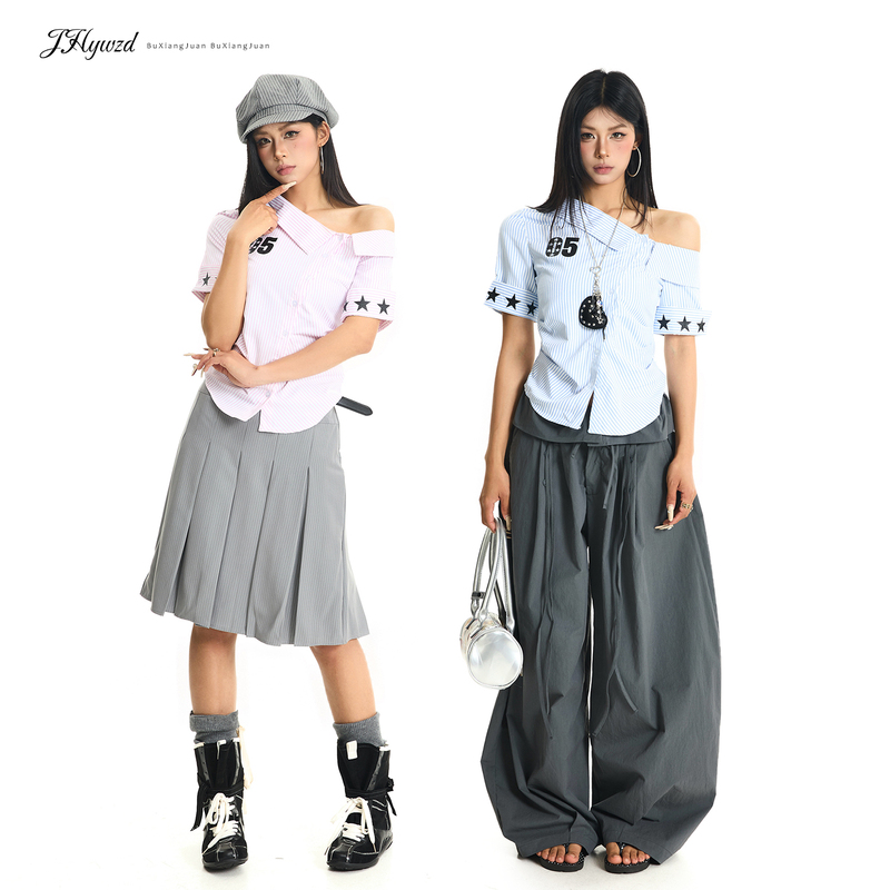 Jhywzd No Noise Roll American Retro Pure Desire Sexy Off-Shoulder Short Sleeve Shirt Hot Girl Design Top