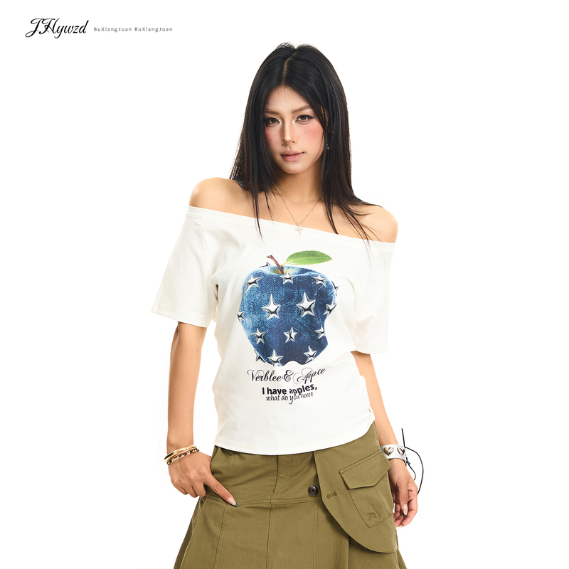 Jhywzd American-Style Apple Print Off-Shoulder Short-Sleeve T-Shirt for Women, Summer Slim-Fit Top
