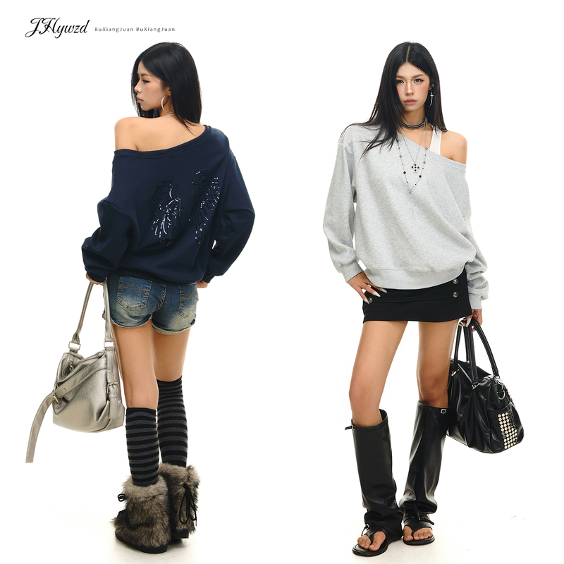 Jhywzd No Noise Roll American Style Spicy Girl Off-Shoulder Sweatshirt with Wings on the Back, Loose and Lazy Long-Sleeve Top Jhywzd No Noise Roll American Style Spicy Girl Off-Shoulder Sweatshirt with Wings on the Back, Loose and Lazy Long-Sleeve Top