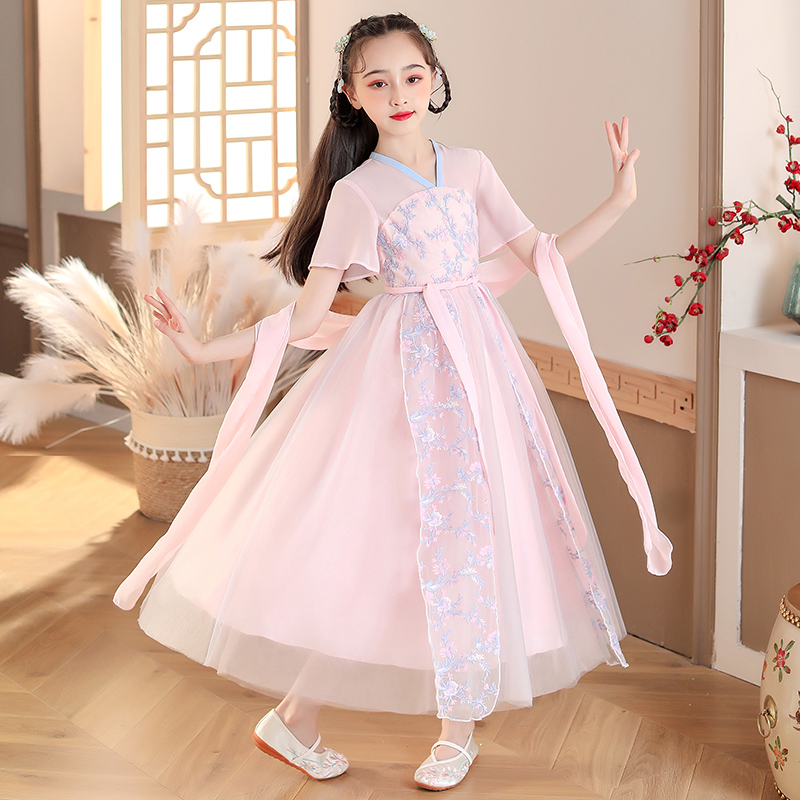 Hanfu girls summer thin section ancient costume super fairy Chinese style pink short-sleeved Tang suit children's cherry blossom princess dress
