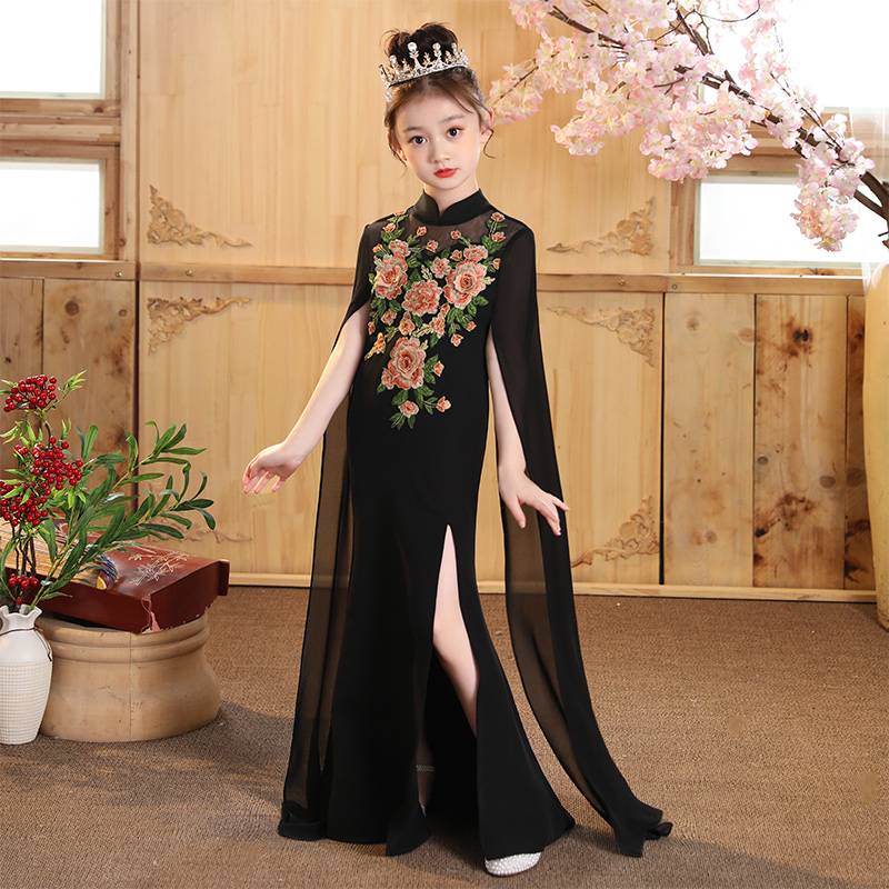 National Day Children's Performance Costume Black Fishtail Dress Chinese Style Dress Guzheng Costume Girls Cheongsam