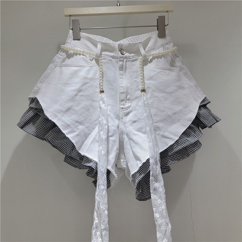European and American 2026 Summer New Style Personalized Patchwork Lace Hem Color-Blocking Elastic Waist Wide-Leg Denim Shorts with Waist Chain