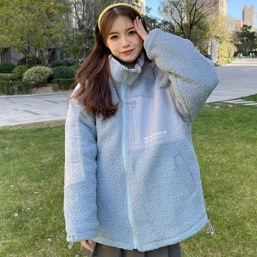 oversize羊羔毛绒外套女秋冬加绒加厚新款宽松高领百搭夹克ins潮