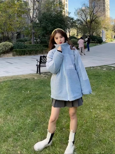 oversize羊羔毛绒外套女秋冬加绒加厚新款宽松高领百搭夹克ins潮