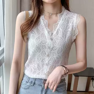 Lace vest female summer wear sleeveless coat niche suit interior design sense hollow V collar foreign pie base shirt