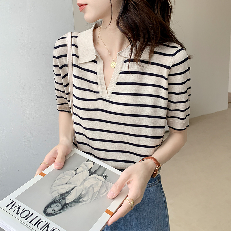Striped short sleeve T-shirt woman 2022 Summer new loose casual fashion 100 hitch Polo turn over the knitted sweatshirt