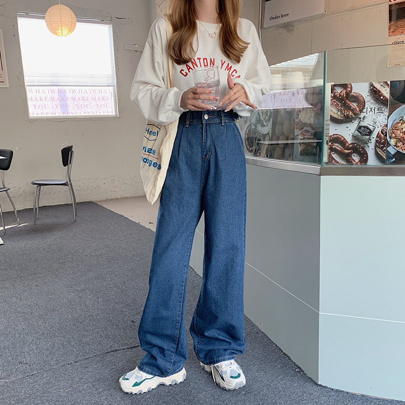 Small taller waist wide leg jeans Women's spring 2022 New display slim loose sense towering straight barrel long pants