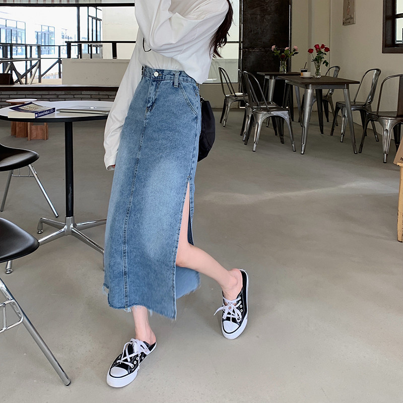 Pierena port Wind medium long dress High waist side open fork half body dress Women big size Korean version Denim Denim dress Hip Step Skirt
