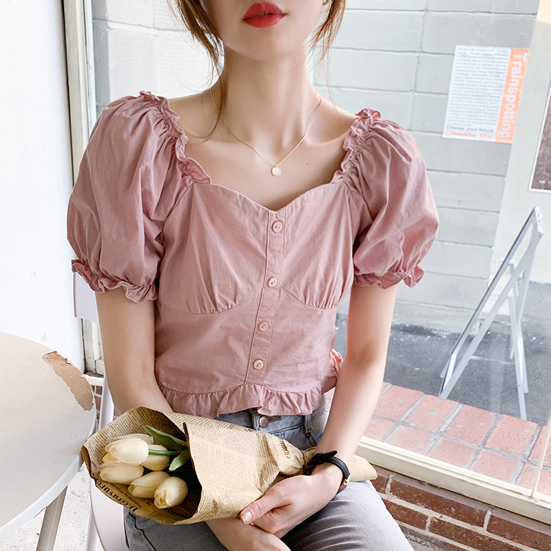 Pure Desire Wind style Bubble Cuff Short shirt female side collar small crowdcasters slim wood ear edges high waist blouses summer