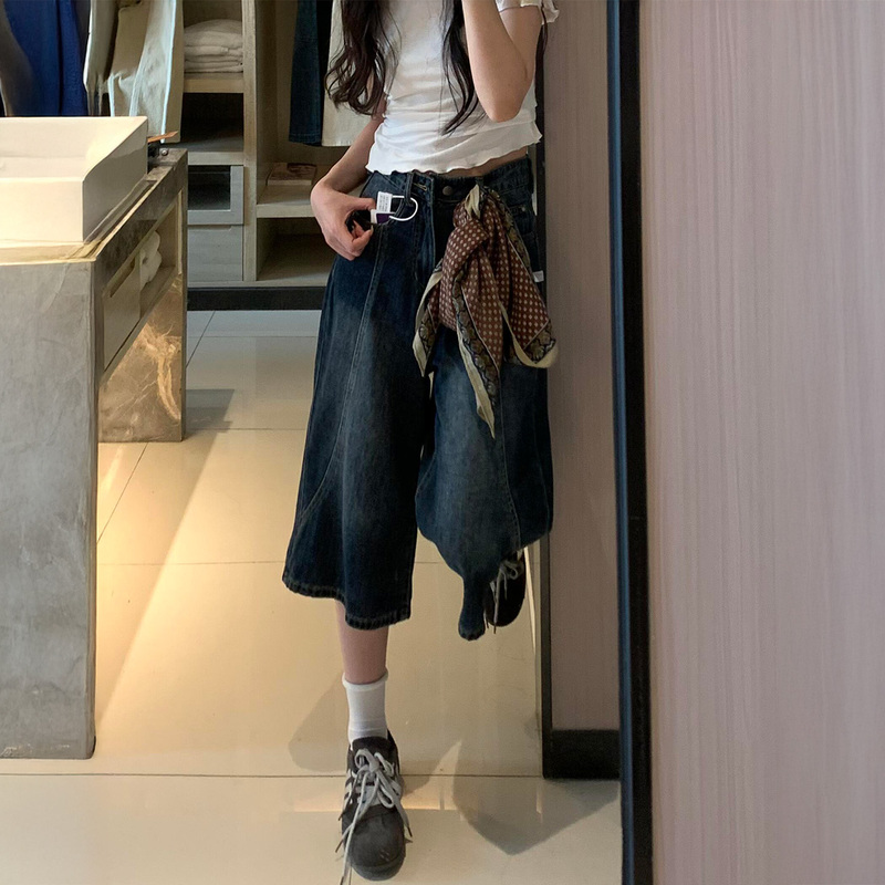 Dark Blue Retro Three-Quarter Straight-Leg Jeans for Women, New Spring Style, Plus-Size, High-Waisted, Hip-Covering, Slimming Wide-Leg Pants