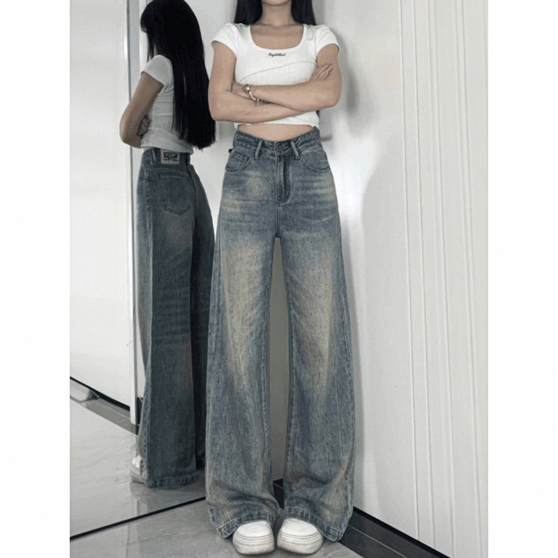 American Retro Straight-Leg Jeans for Women, New Summer Style, Plus-Size, High-Waisted, Loose, Slimming, Lazy Style, Wide-Leg Pants